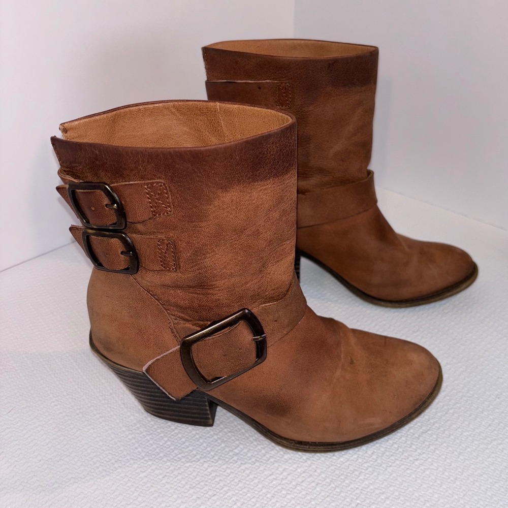 Lucky Brand Tommie Brown Leather Ankle Boots Womens 7.5M Buckle Accent Heel - Picture 7 of 7